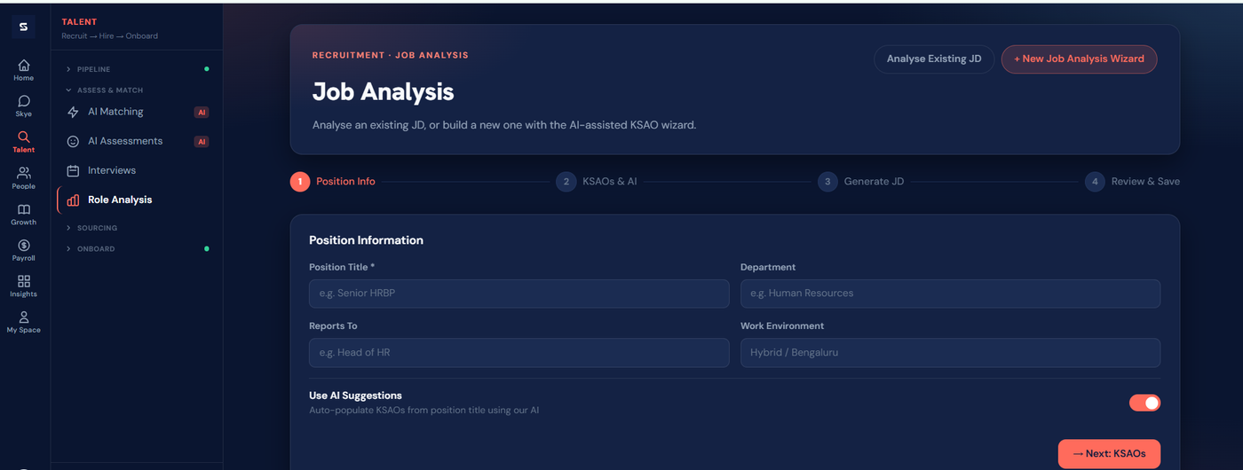 SKILWI.ai job analysis wizard that structures a role into KSAOs and generates a JD